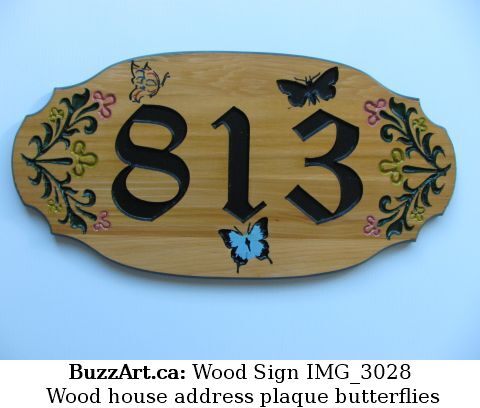 Wood house address plaque butterflies